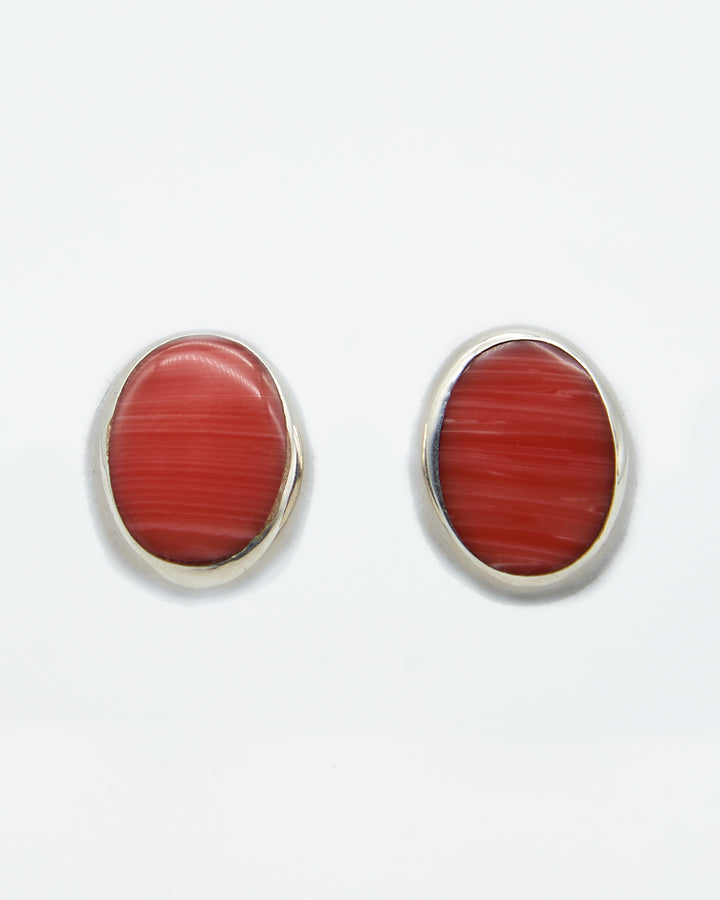 Oval Silver Studs with Enamel Pink Coral - Renata Rubio 92.5 - handmade sterling silver jewelry with lifetime warranty