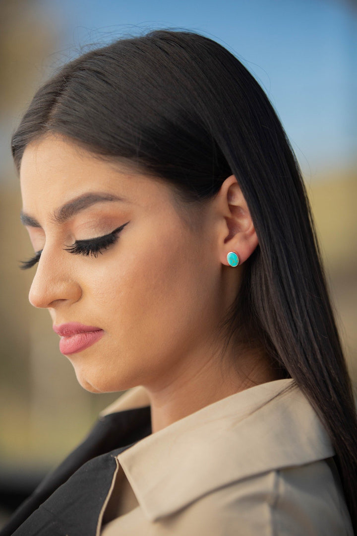 Oval Silver Studs with Enamel Turquoise - Renata Rubio 92.5 - handmade sterling silver jewelry with lifetime warranty