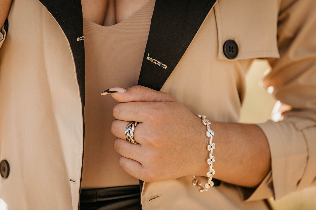 Oval and Wavy Silver Bracelet on Model