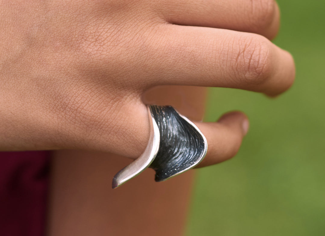 Oxidized Silver Saddle Wax Cast Ring on Hand
