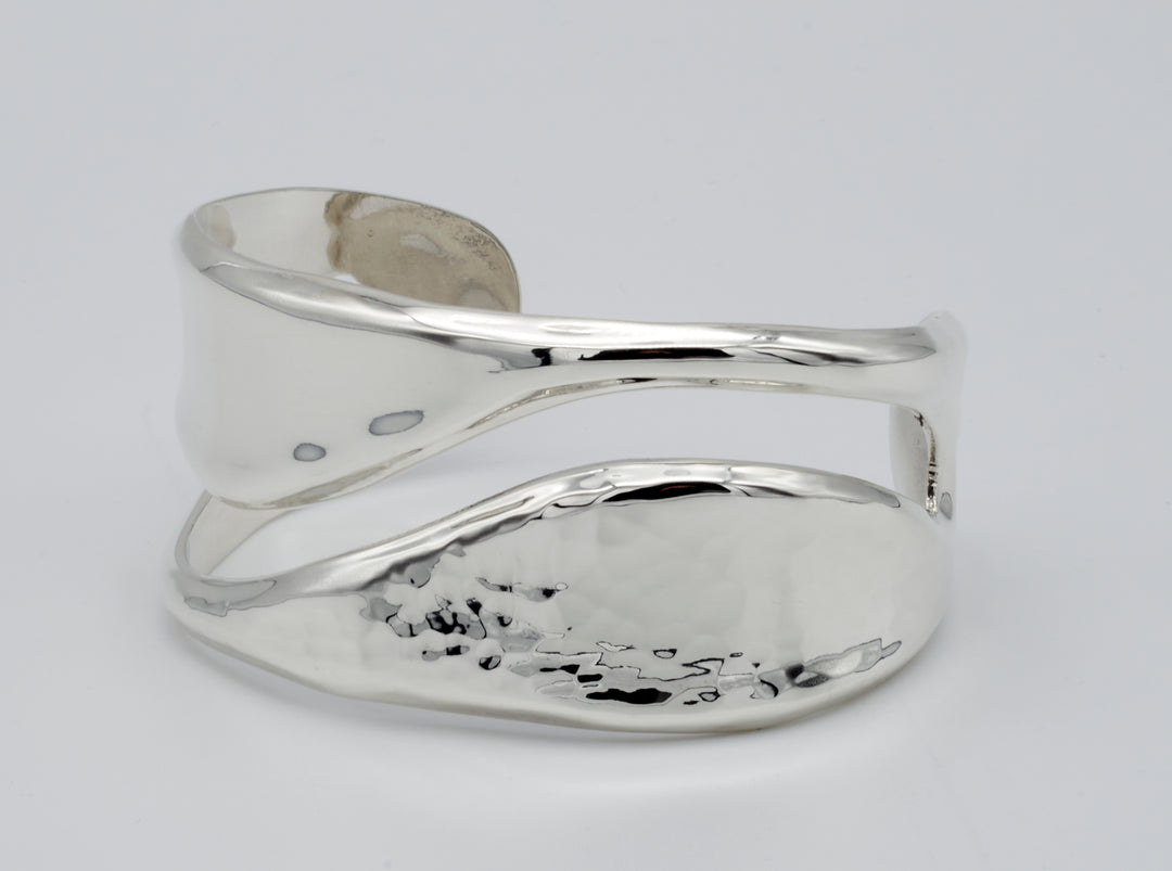 Pounded and Smooth Silver Curved Split Cuff