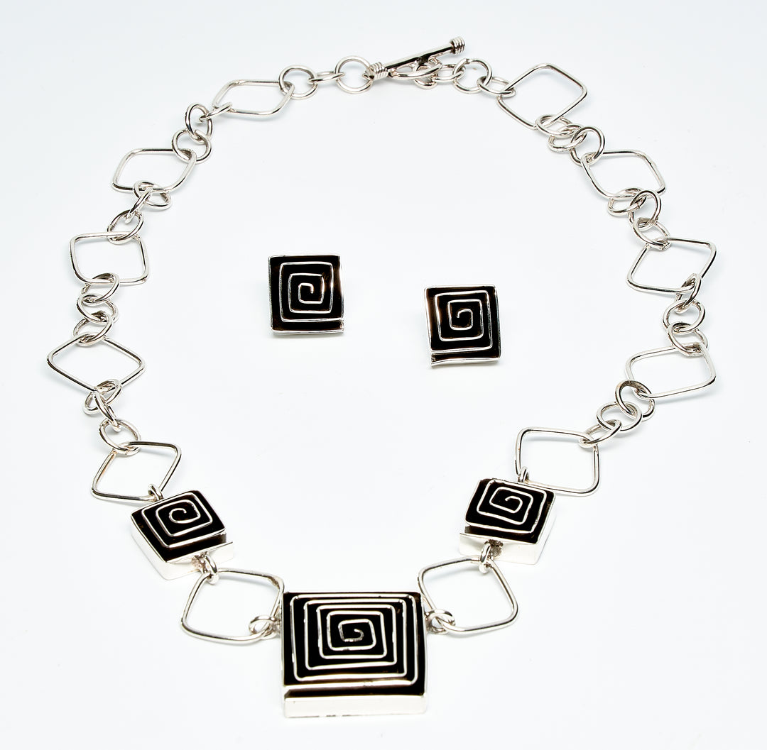 Oxidized Silver Square Maze Post Earrings and Necklace
