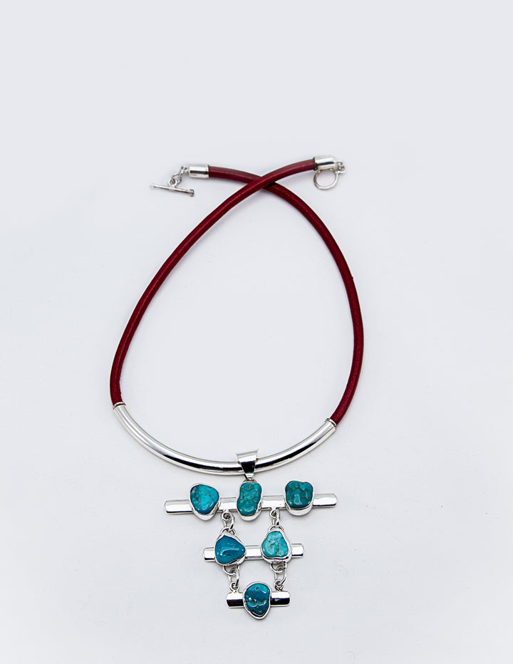 Silver Tube Leather Necklace Red