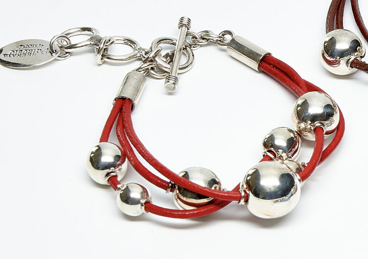 Multi Leather Strand Silver Bead Bracelets Red