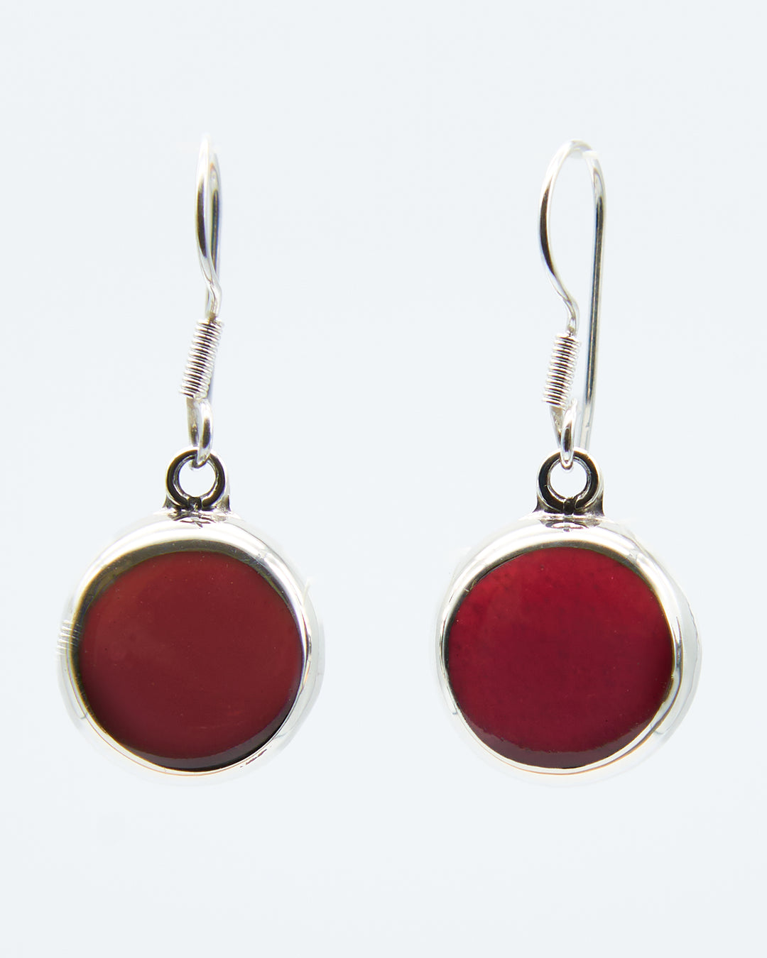 Round sterling silver earrings with colorful red jasper enamel by Renata Rubio 92.5