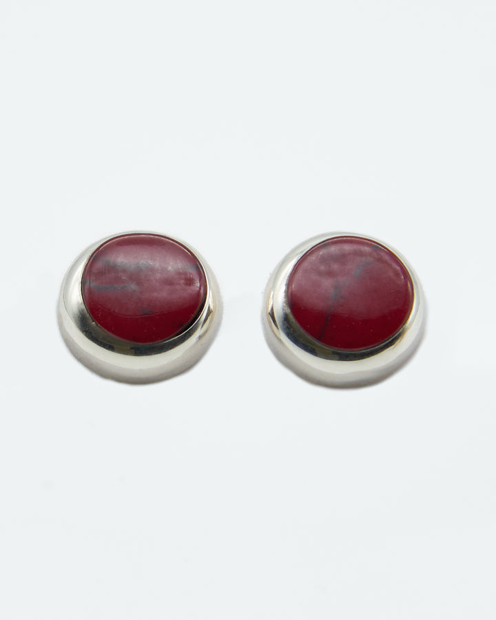 Round sterling silver stud earrings with colorful red jasper enamel by Renata Rubio 92.5