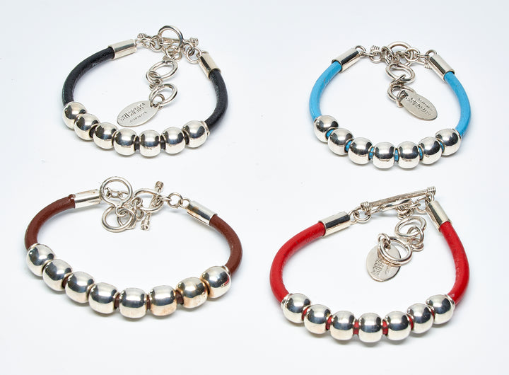 Row of Beads Silver Leather Bracelets