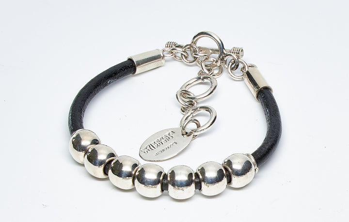Row of Silver Beads Leather Bracelet Black
