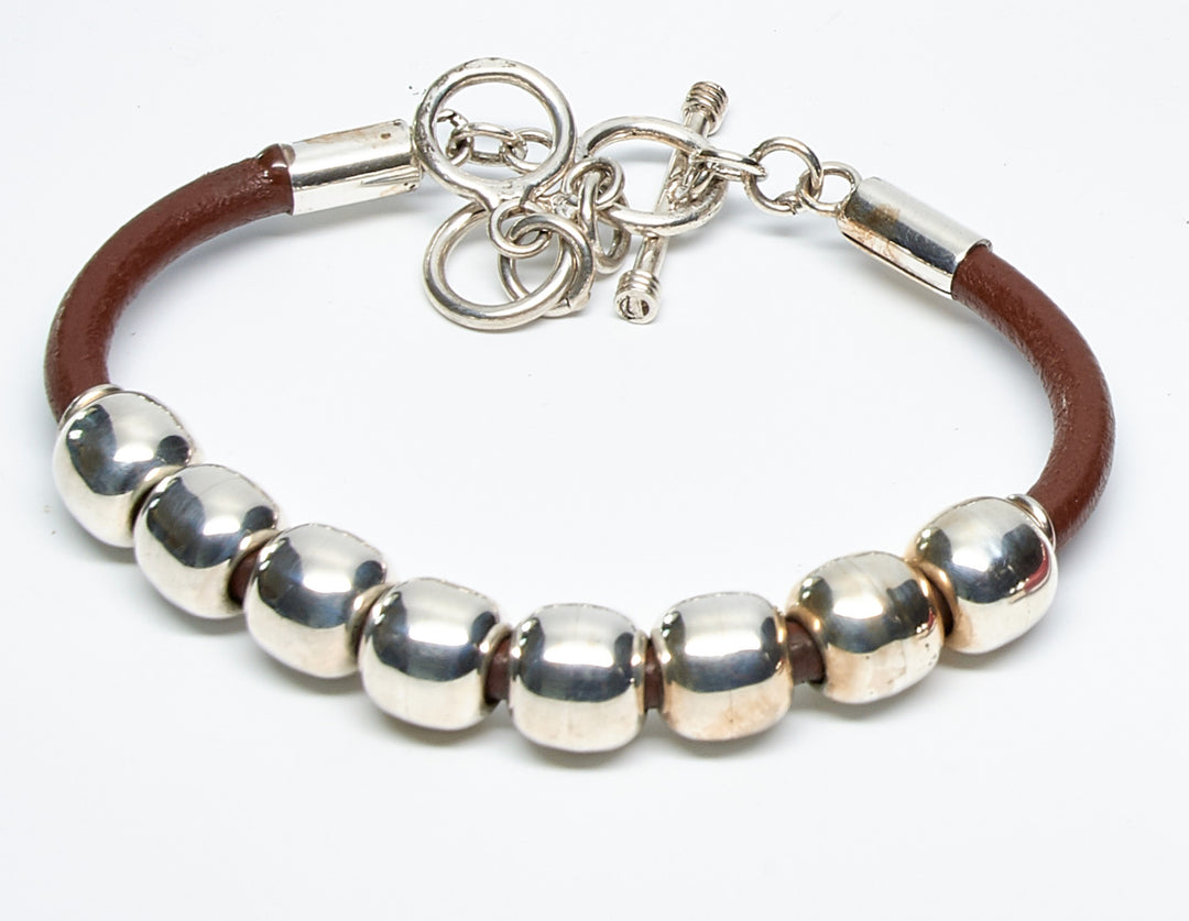 Row of Beads Silver Leather Bracelet