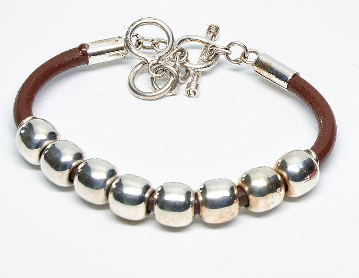 Row of Beads Silver Leather Bracelet