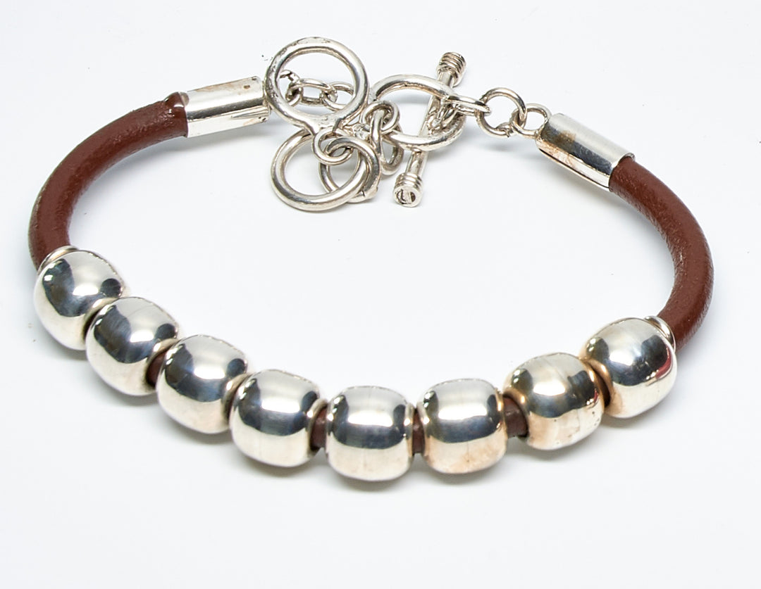 Row of Silver Beads Leather Bracelet Chocolate Brown