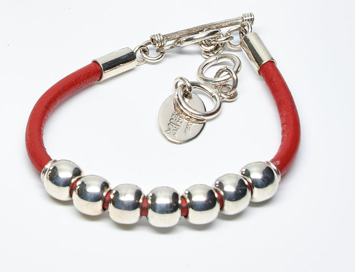 Row of Silver Beads Leather Bracelet Red