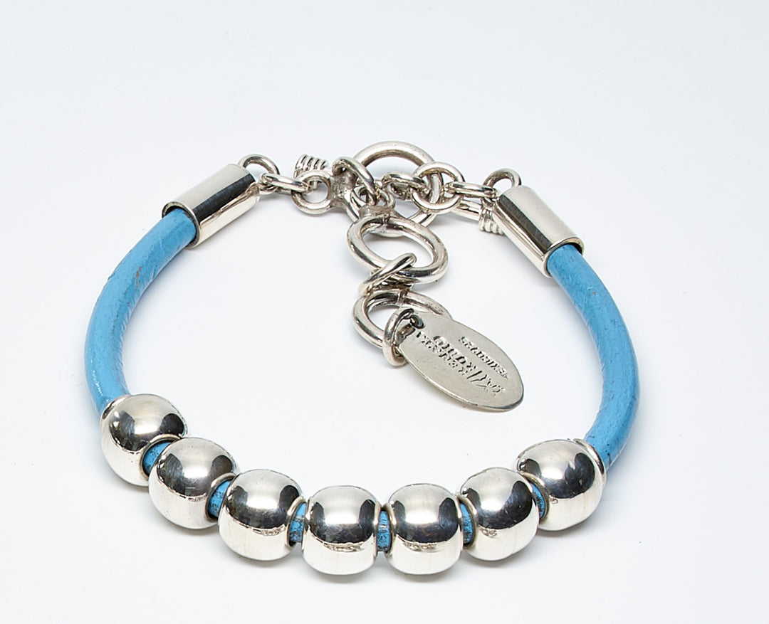 Row of Silver Beads Leather Bracelet Turquoise