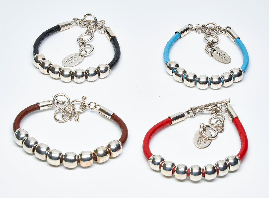 Row of Silver Beads Leather Bracelet All Colors