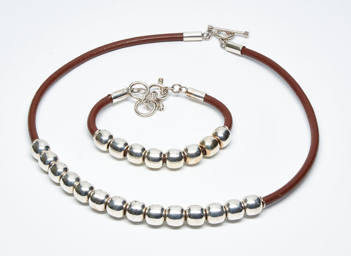 Row of Beads Silver Leather Necklace and Bracelet