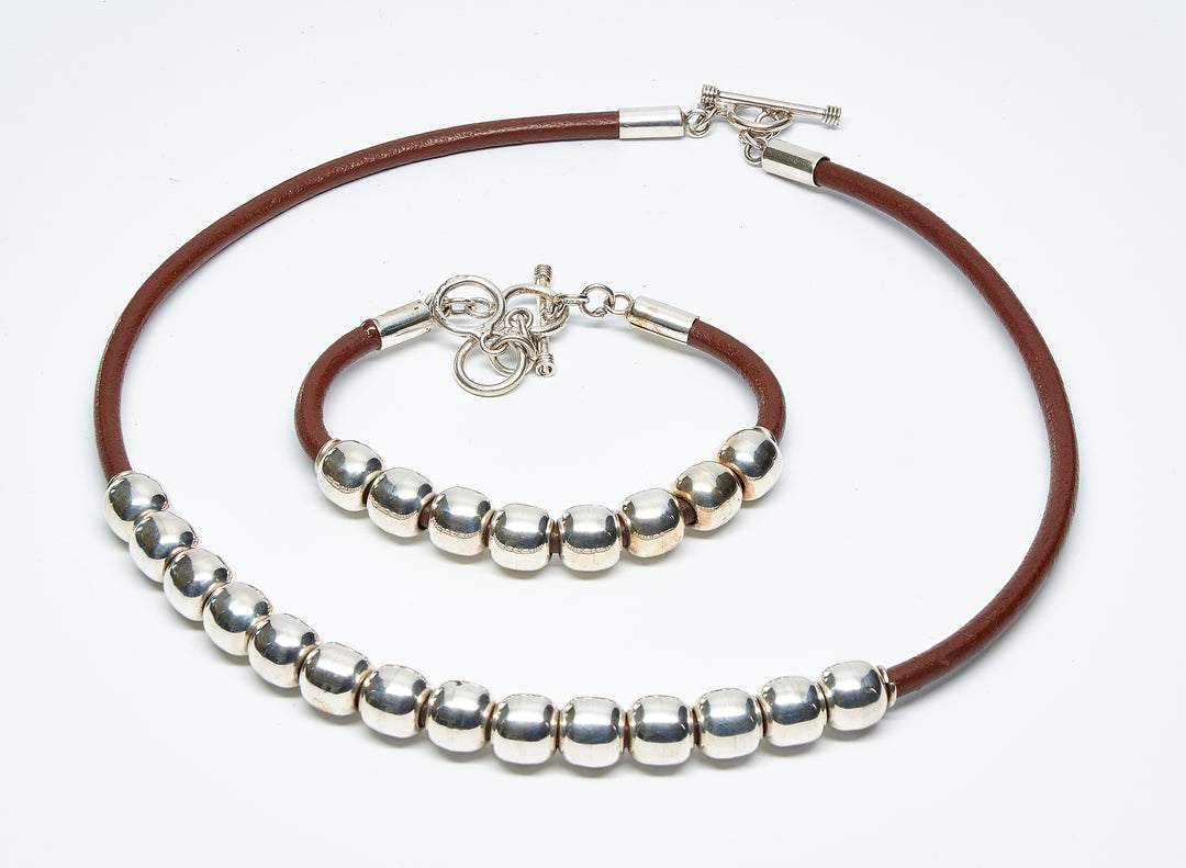 Row of Silver Beads Leather Bracelet and Necklace