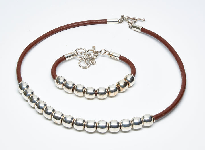 Row of Silver Beads Leather Bracelet and Necklace
