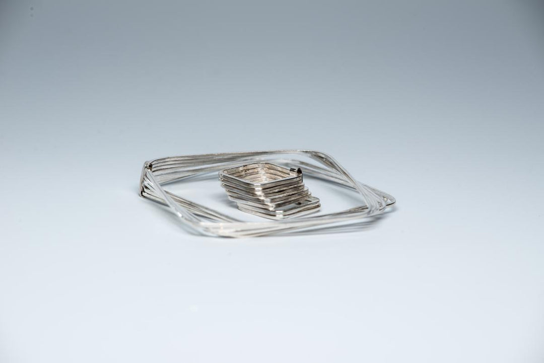 Silver Set of 7 Square Bangles and Ring
