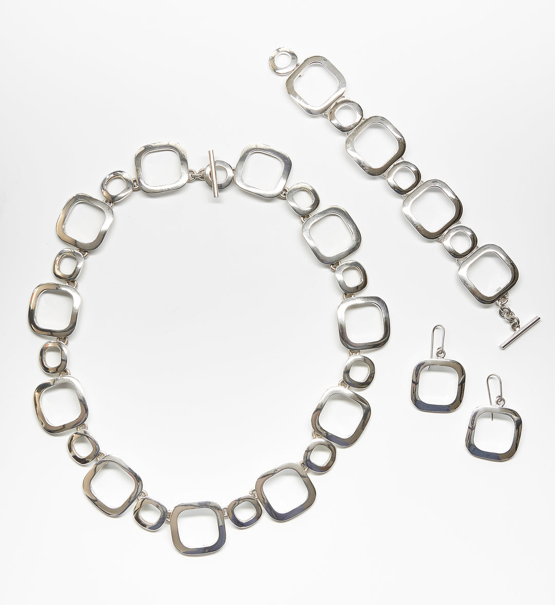 Set of Circle and Square Silver Link Necklace, Bracelet, and Earrings