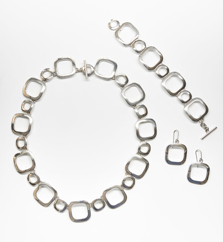 Set of Circle and Square Silver Link Necklace, Bracelet, and Earrings