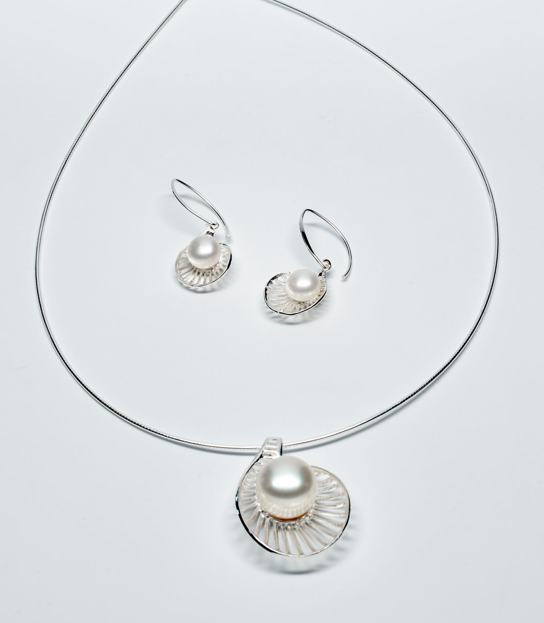 Silver Oyster Shaped Pearl Earrings and Pendant