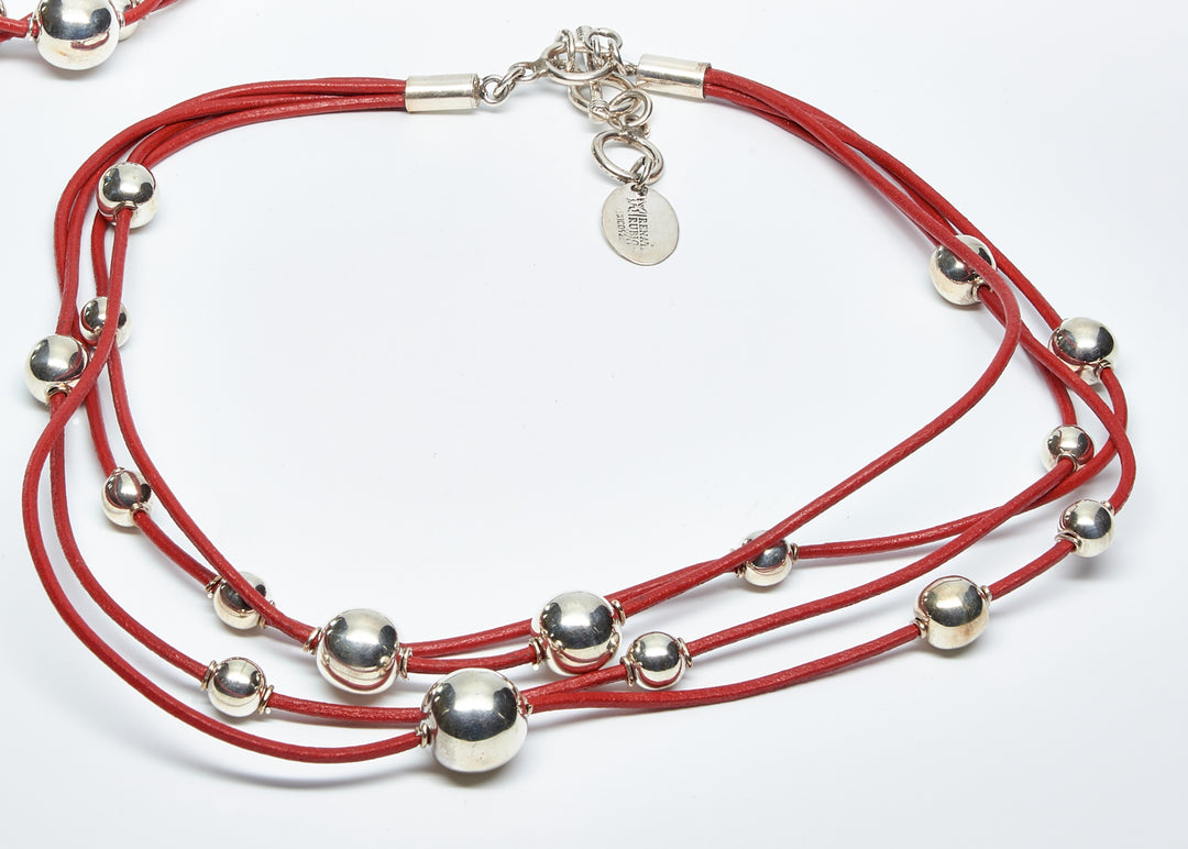 Multi Leather Strand Silver Bead Necklace