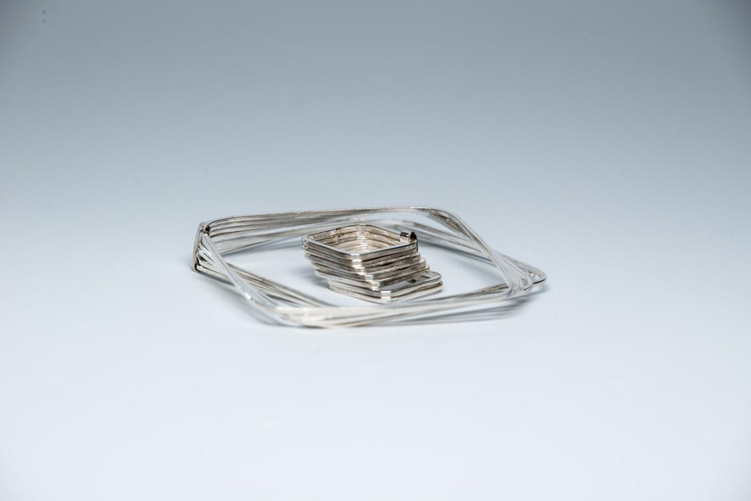 Seven Square Silver Bangles and Square Silver Ring by Renata Rubio 92.5