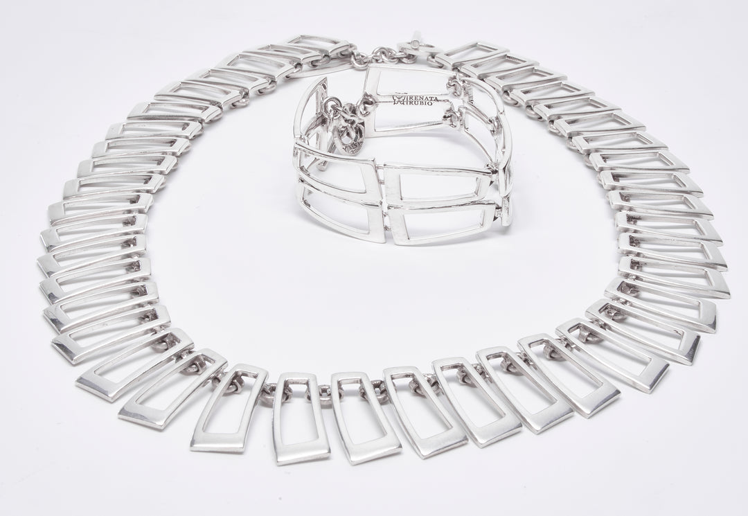 Silver Open Rectangle Necklace and Bracelet