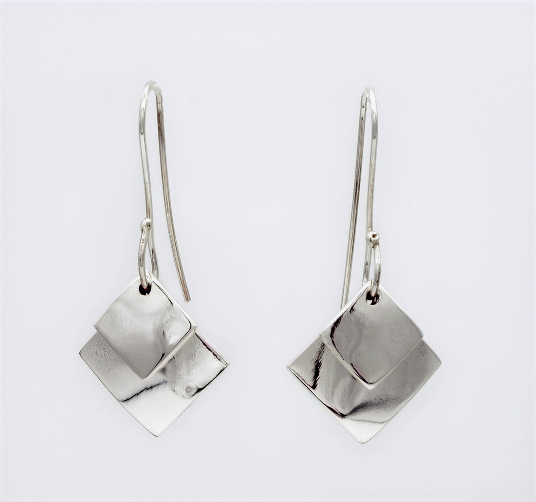 Twin Diamond-Shaped Silver Dangle Earrings