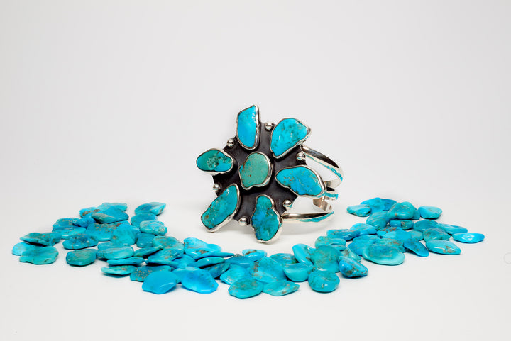 Sleeping Beauty Turquoise Silver Flower Cuff - Renata Rubio 92.5 - BJO275