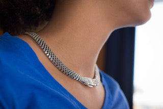 Oxidized Silver Snake Link Necklace on Model