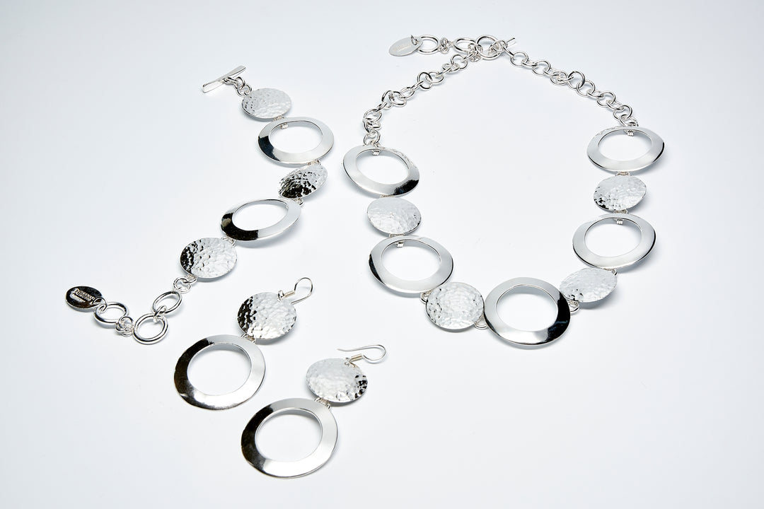 Solid and Open Silver Disk Set of Necklace, Bracelet and Earrings - Renata Rubio 92.5