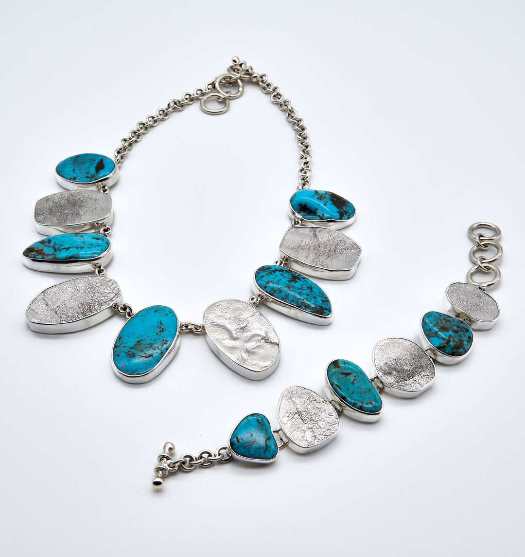 Sonoran Turquoise Necklace and bracelet with Textured Silver - Renata Rubio 92.5 - handmade sterling silver jewelry with lifetime warranty