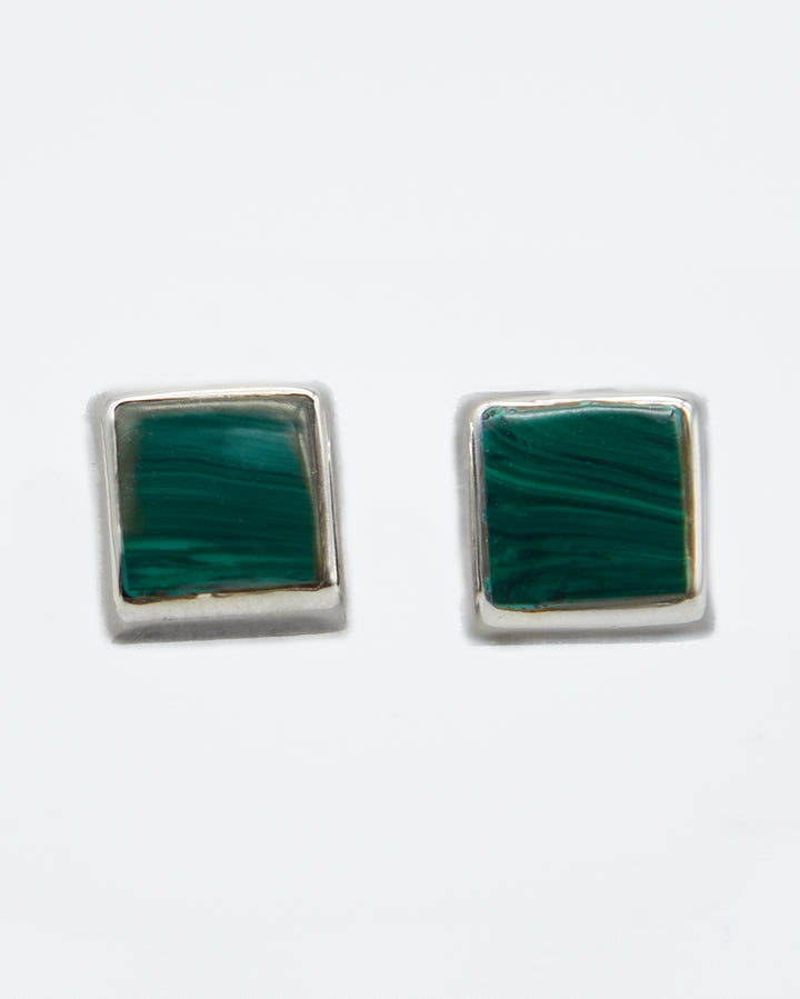 Square sterling silver stud earrings with colorful malachite enamel by Renata Rubio 92.5