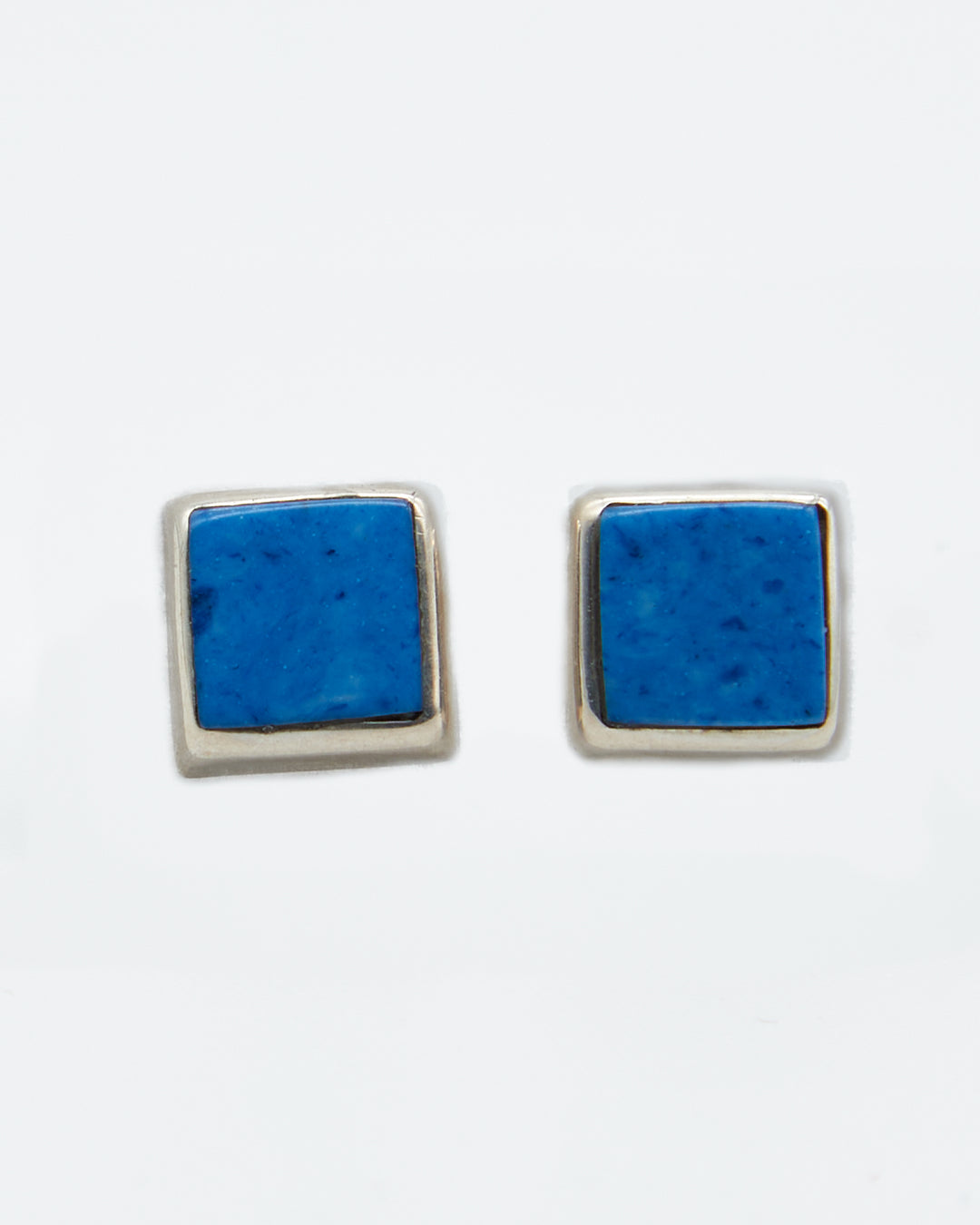 Square sterling silver stud earrings with colorful denim lapis enamel by Renata Rubio 92.5