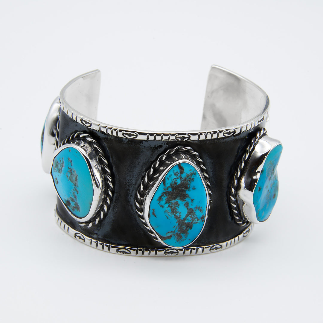 Stamped Silver Cuff with Sleeping Beauty Turquoise - Renata Rubio 92.5 - BAM400