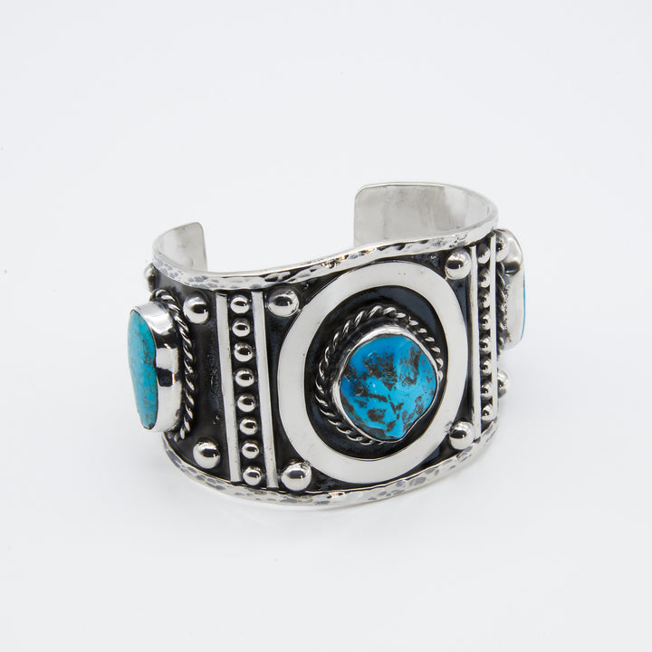 Sterling Silver Cuff with Sleek Frame and 3 Sleeping Beauty Turquoise Stones - Renata Rubio 92.5 - BAM402