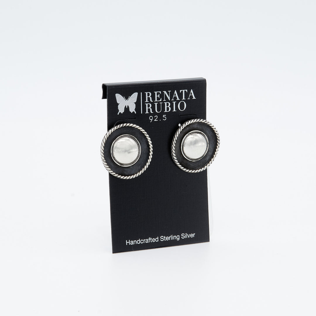 Sterling silver rope frame domed post earrings with oxidized background and high-shine center by Renata Rubio 92.5