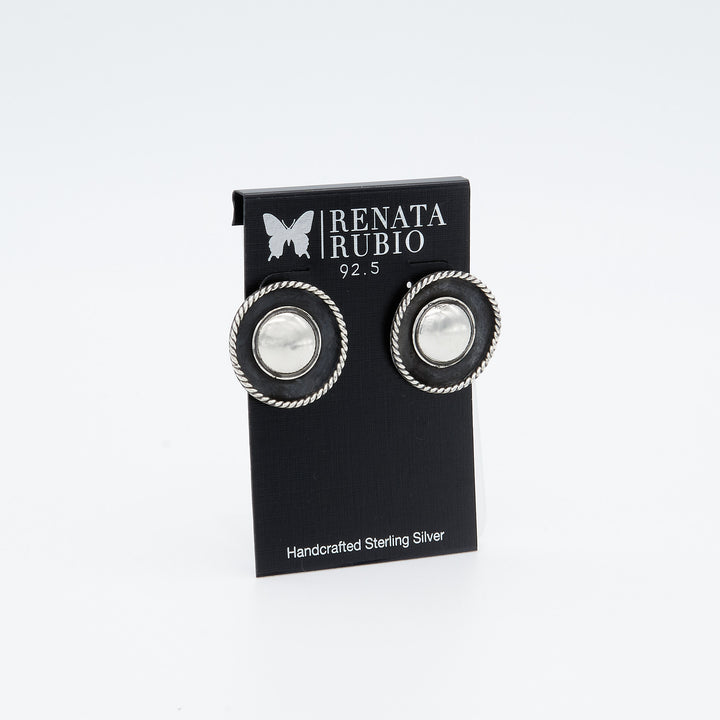 Sterling silver rope frame domed post earrings with oxidized background and high-shine center by Renata Rubio 92.5