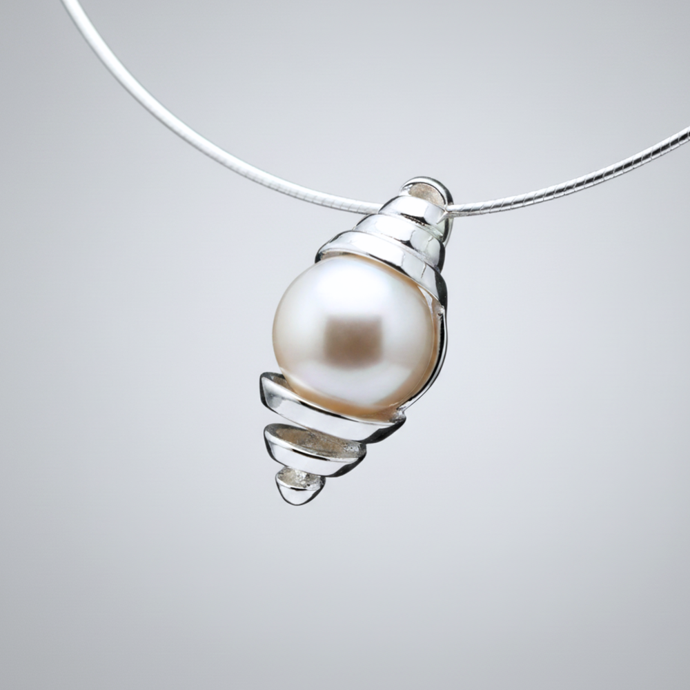 Renata Rubio handcrafted sterling silver pearl pendant, double wrap silver design with vertical coiling form. Genuine round cultured pearl.