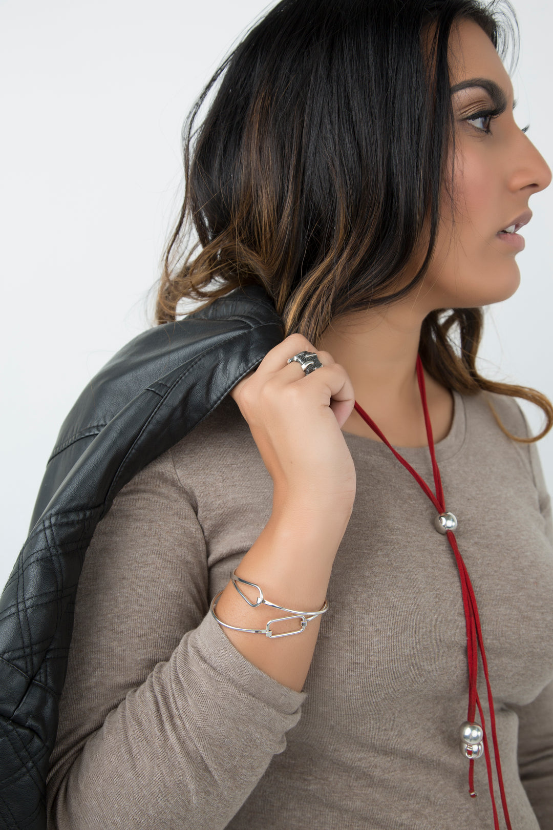 Silver Beads on Suede Bolo Tie on Model