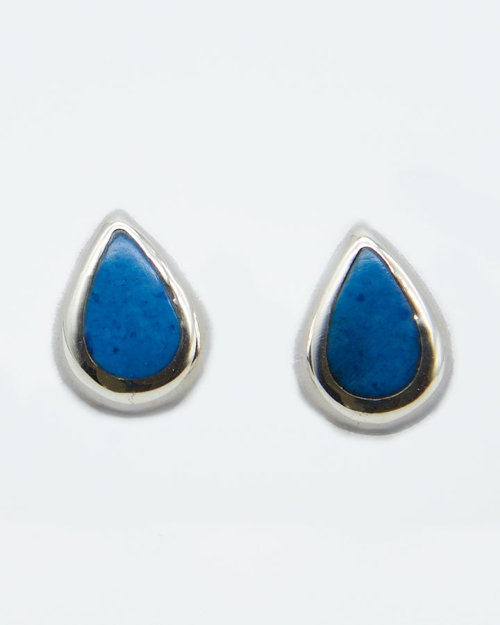 Teardrop sterling silver stud earrings with colorful denim lapis enamel by Renata Rubio 92.5