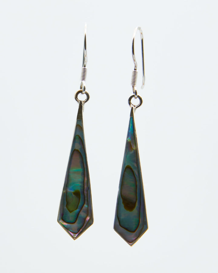 Sterling silver tie-shaped dangle earrings with Genuine Abalone Shell. Artisan-crafted design by Renata Rubio 92.5