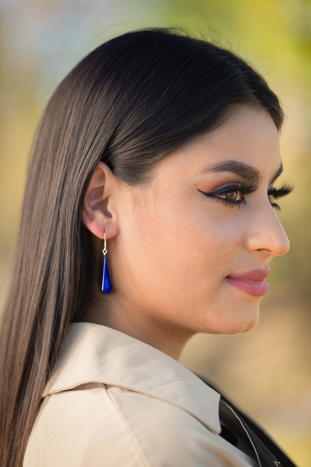 Sterling silver tie-shaped dangle earrings with Lapis enamel faux stones. Artisan-crafted by Renata Rubio 92.5