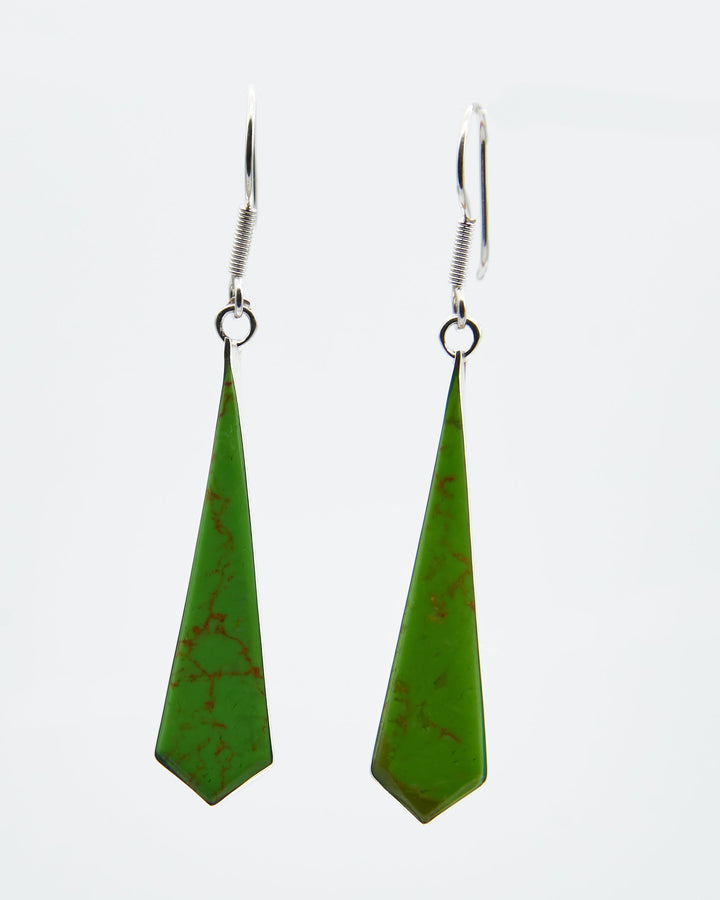 Sterling silver tie-shaped dangle earrings with  Gaspiate enamel faux stones. Artisan-crafted by Renata Rubio 92.5