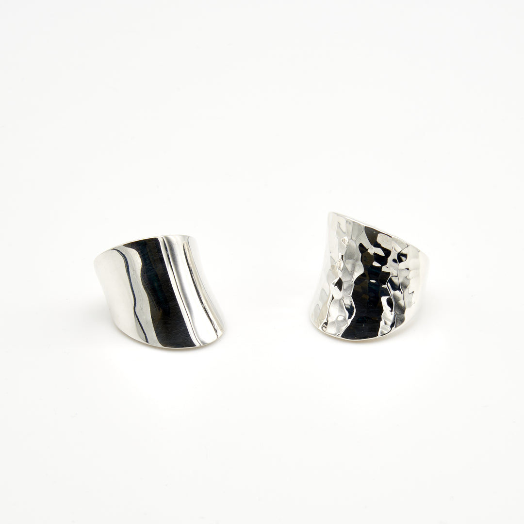 Tilted Curved Silver Ring Pounded and Sleek