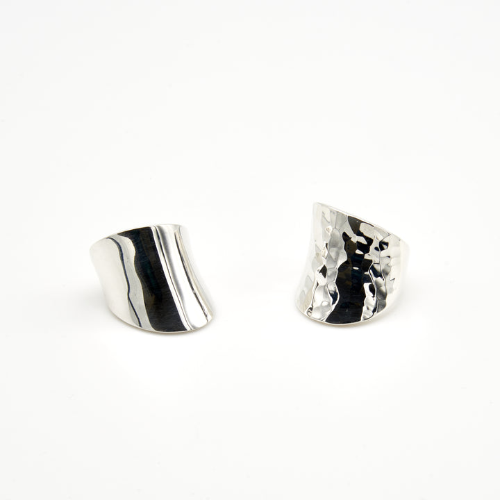 Tilted Curved Silver Ring Pounded and Sleek