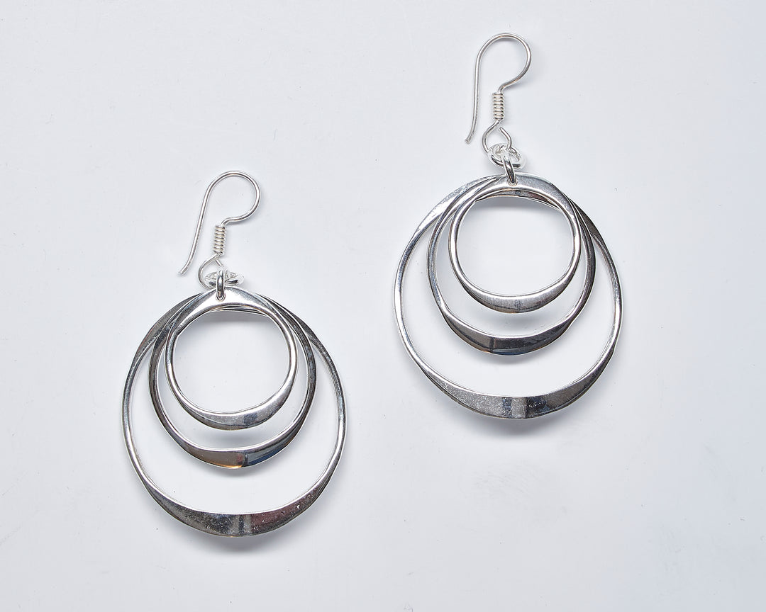 Triple Curved Silver Circle Earrings