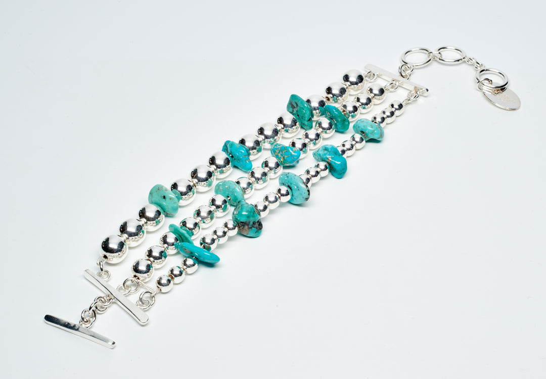 Triple Silver Bead Bracelet with Sonoran Turquoise - Renata Rubio 92.5