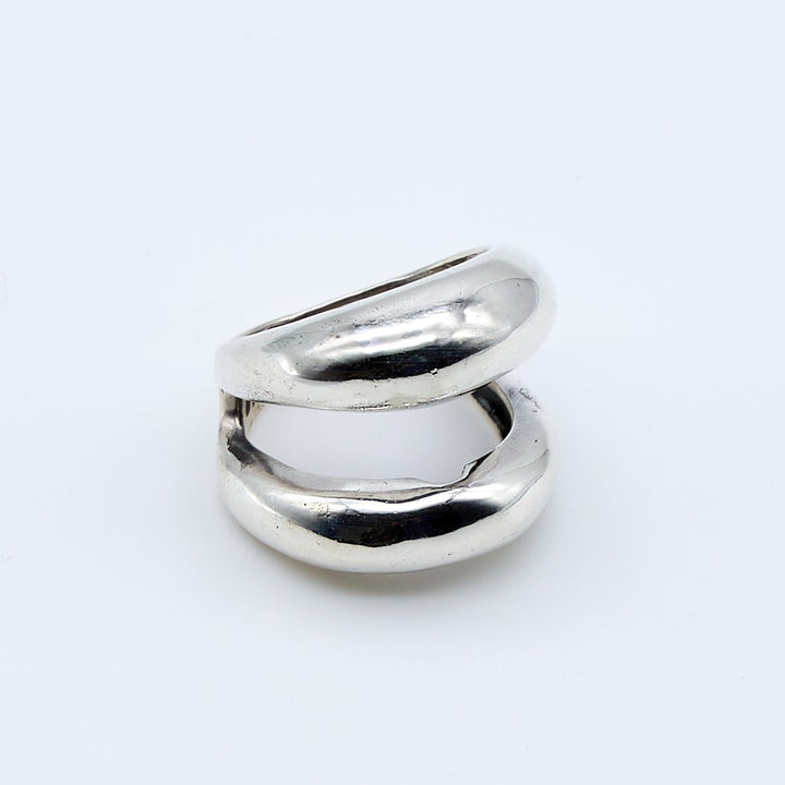 Twin dome sterling silver ring crafted with lost-wax casting by Renata Rubio 92.5